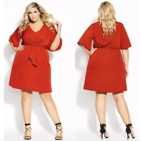 NWT City Chic Red Knot Front Deep V Batwing Sleeve Dress Size L/20 - Picture 1 of 15